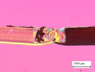 Figure 12: &micro;FSW butt weld of dissimilar thermoplastic sheet materials &ndash; cross section showing polymer mixing
